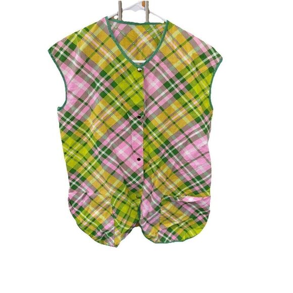 Vintage Accessories - Vintage Apron Shirt 60's 70's Plaid Print Smock Top Snap Front Pockets S 20x28”
